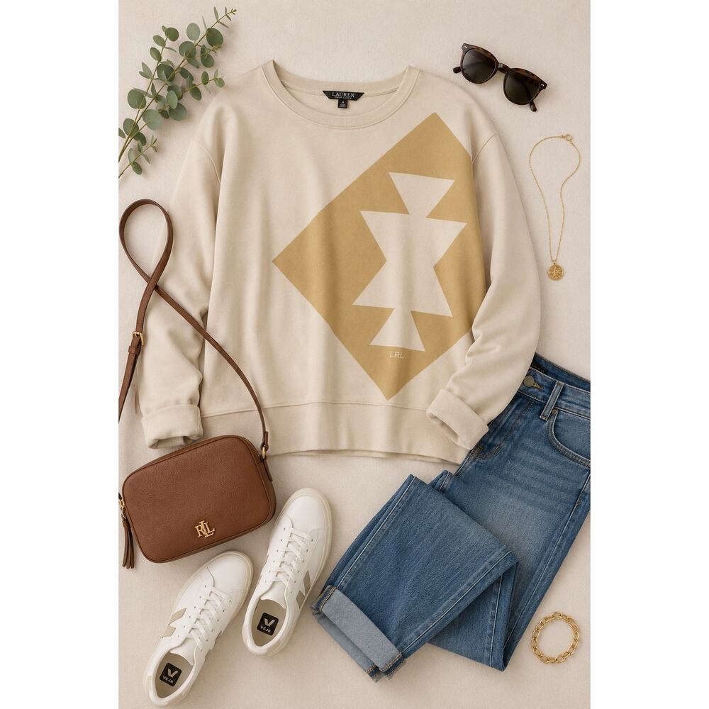 Lauren Ralph Lauren Geometric Logo Sweatshirt Cream Beige Pullover Medium